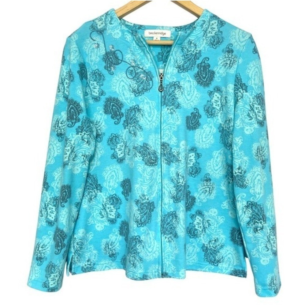 Breckenridge Cardigan Jacket Womens M Blue Paisley Sequin Zip Front Golf Walking